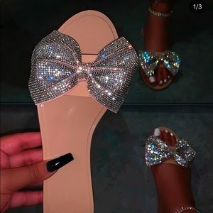 Ana nude rhinestone bow slides